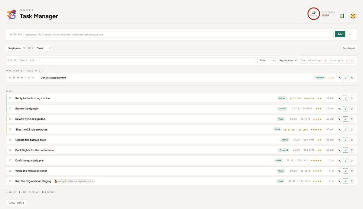 The task list: appointments pinned at the top, then tasks ordered by the ranking formula, each with its label, due date, stars and duration.