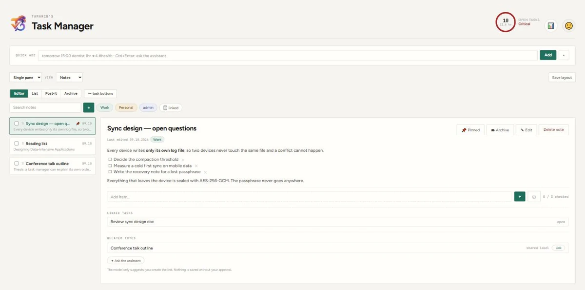 A note in the editor: Markdown text, checkable items, the tasks it is linked to, and related notes suggested by the assistant.